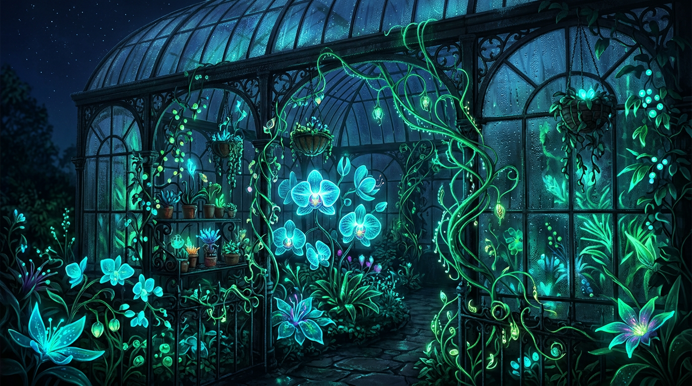 Bioluminescent plants glowing inside a Victorian glass greenhouse at night.