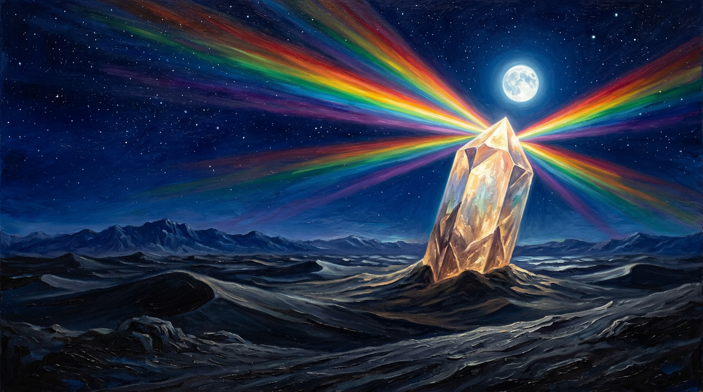 Crystal prism on night dunes with refracted light.