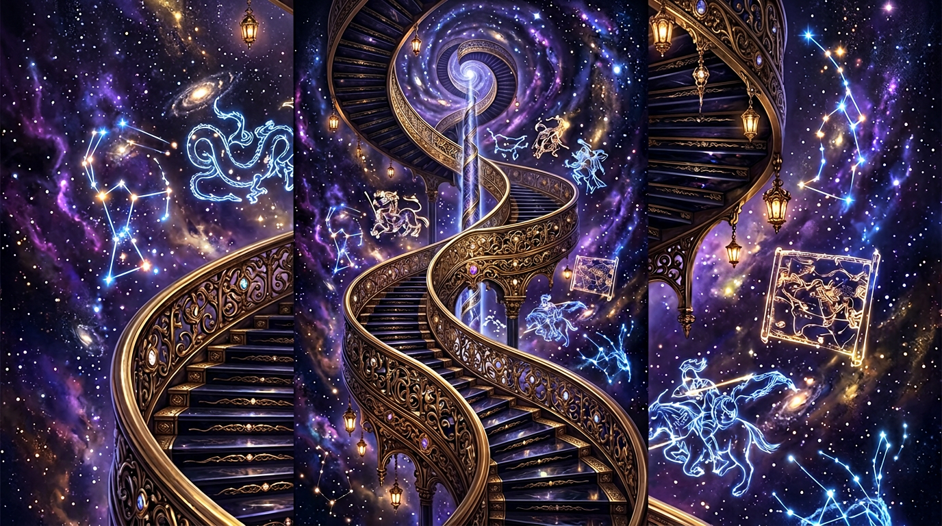 Fantasy spiral staircase of obsidian and gold floating among stars.
